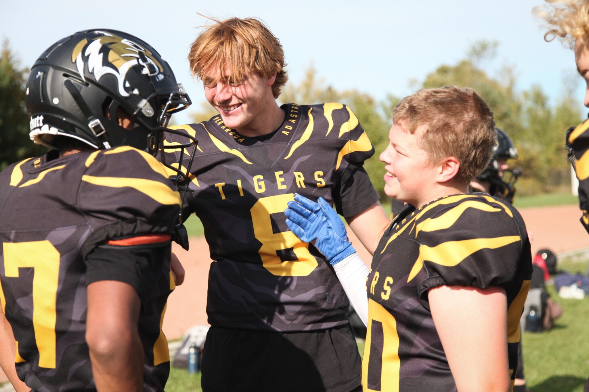 Tigers teammates celebrate on the sideline