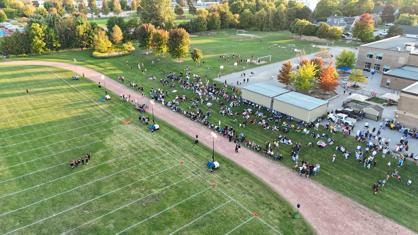 Wide aerial view of the Tigers field and surrounding Uxbridge community