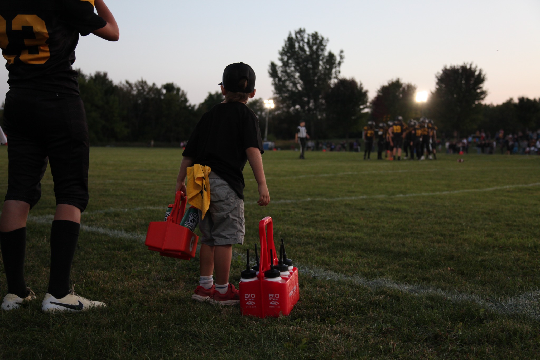 A young Tigers helper watches the game from the sideline