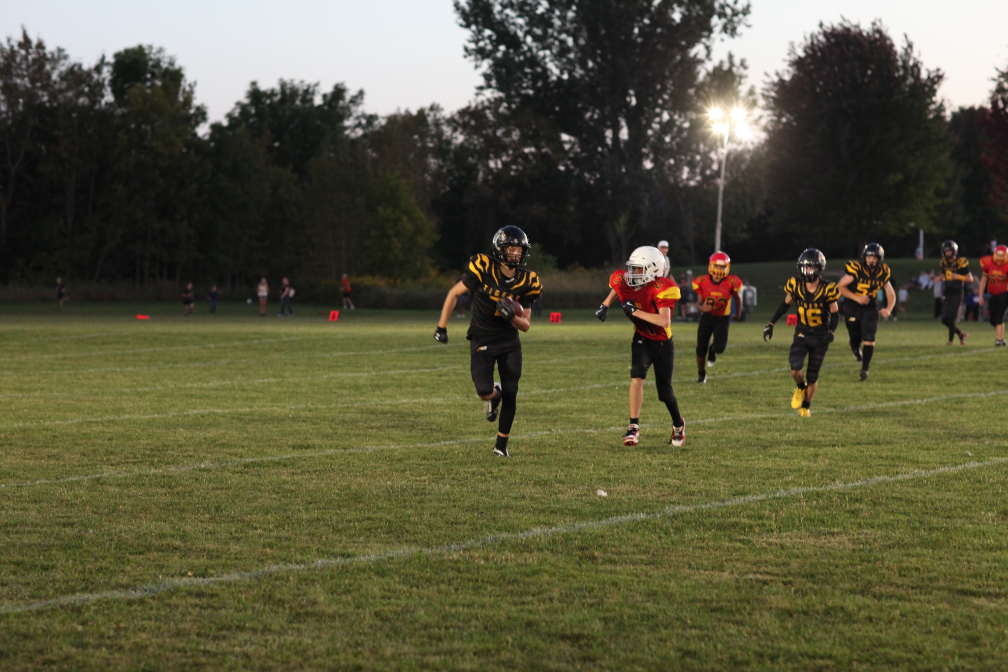 Tigers defenders pursue an O’Neill ball carrier