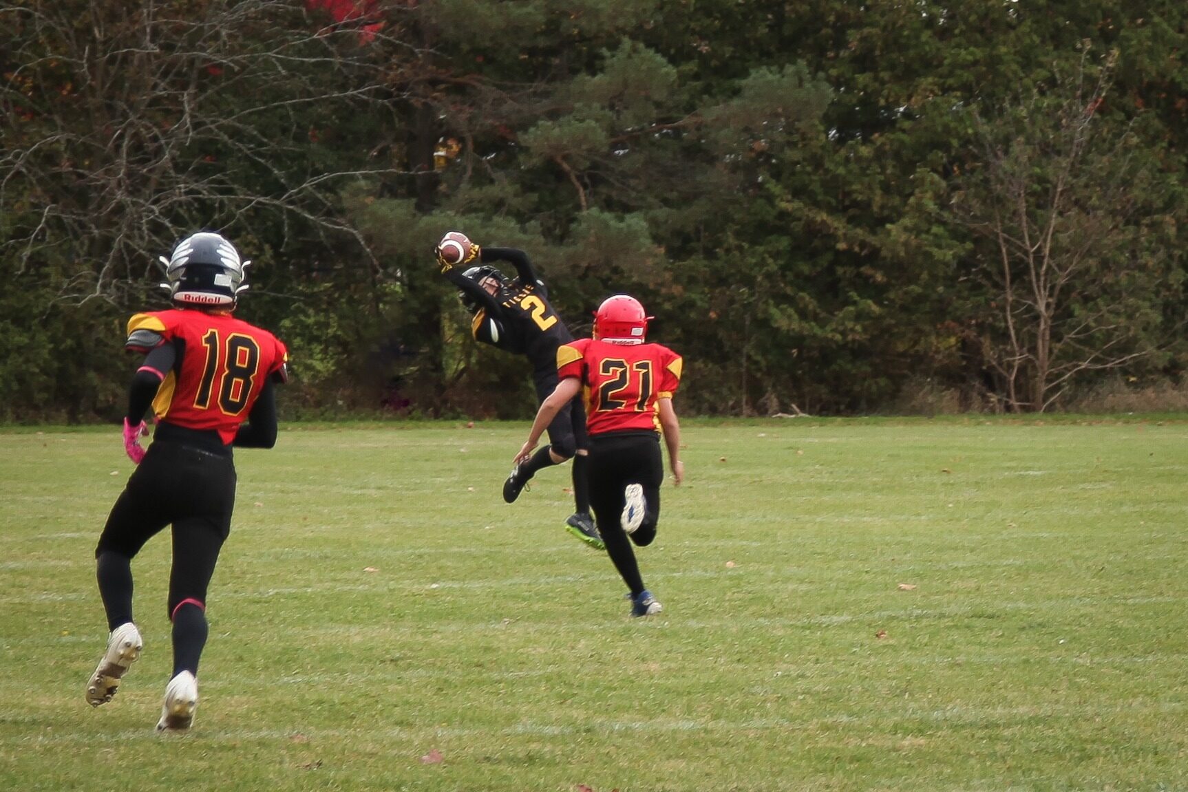 A Tigers player carries the ball toward the end zone